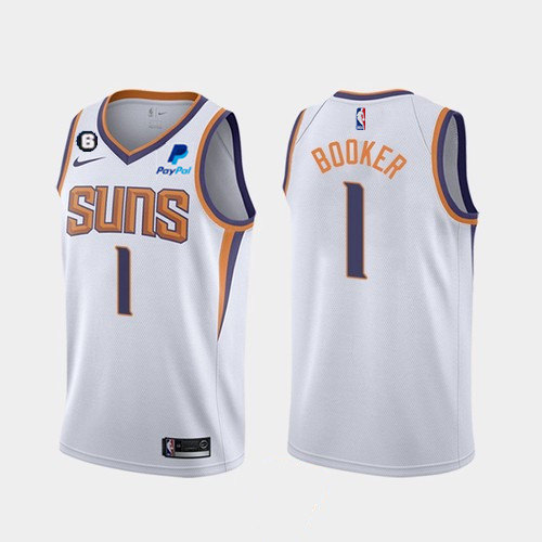 Mens Phoenix Suns #1 Devin Booker White Association Edition With NO.6 Patch Stitched Basketball Jersey